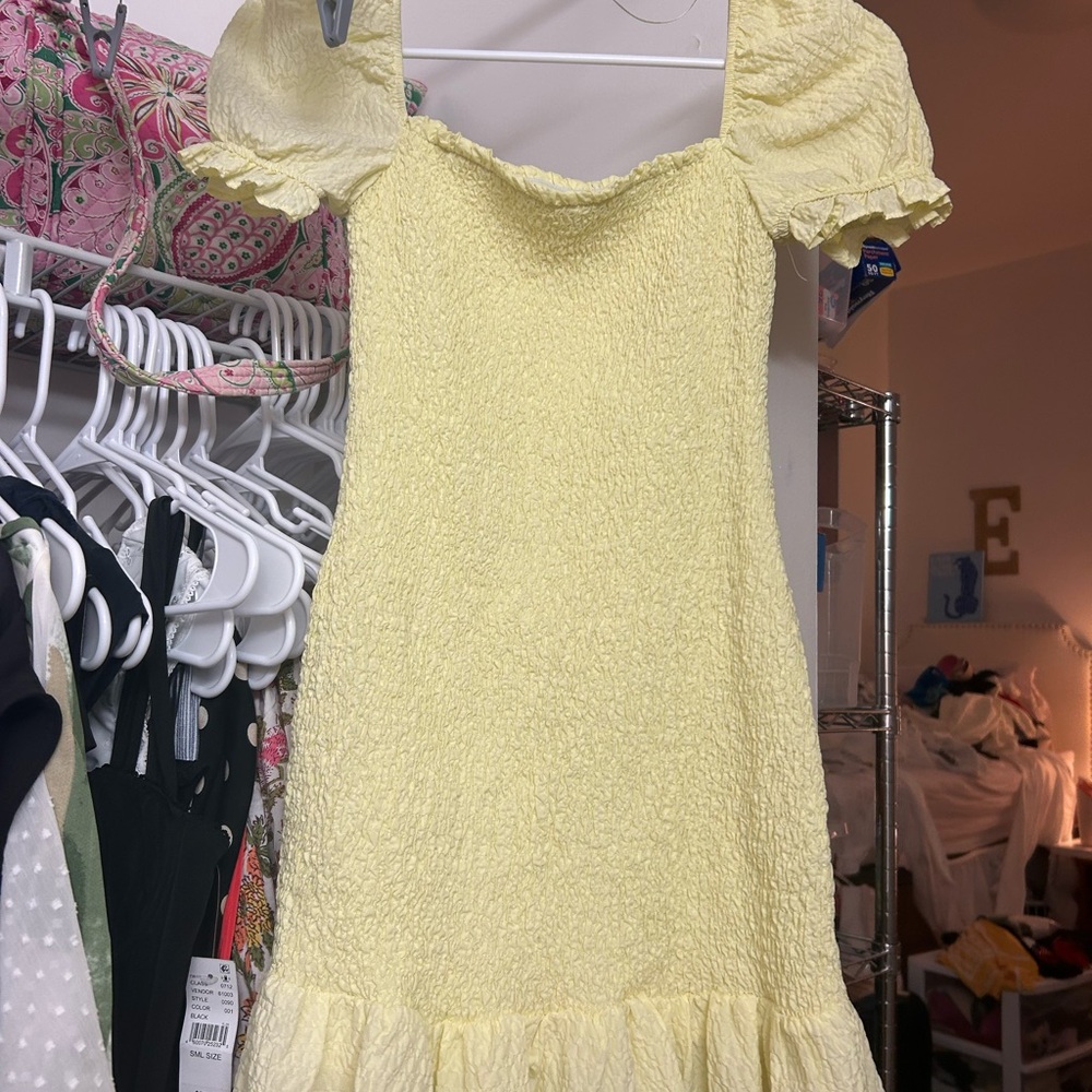 Zara Pale Yellow Smocked Puff Sleeve Mini Dress